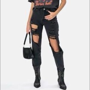 Distressed black mom jeans